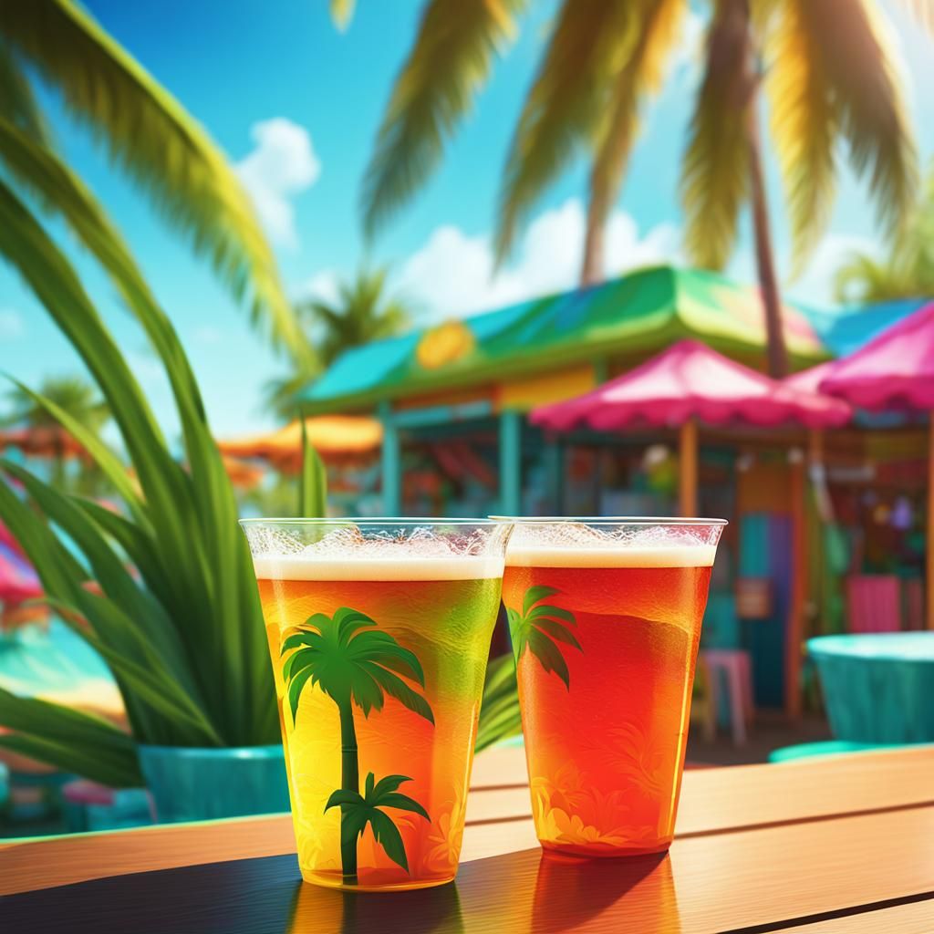 Vibrant Tiki Bar Beer in Miami: Tropical Illustration