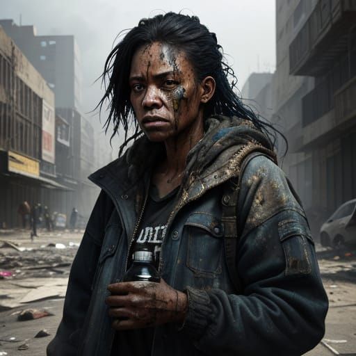 Gritty Concept Art: Woman in City with Dramatic Lighting