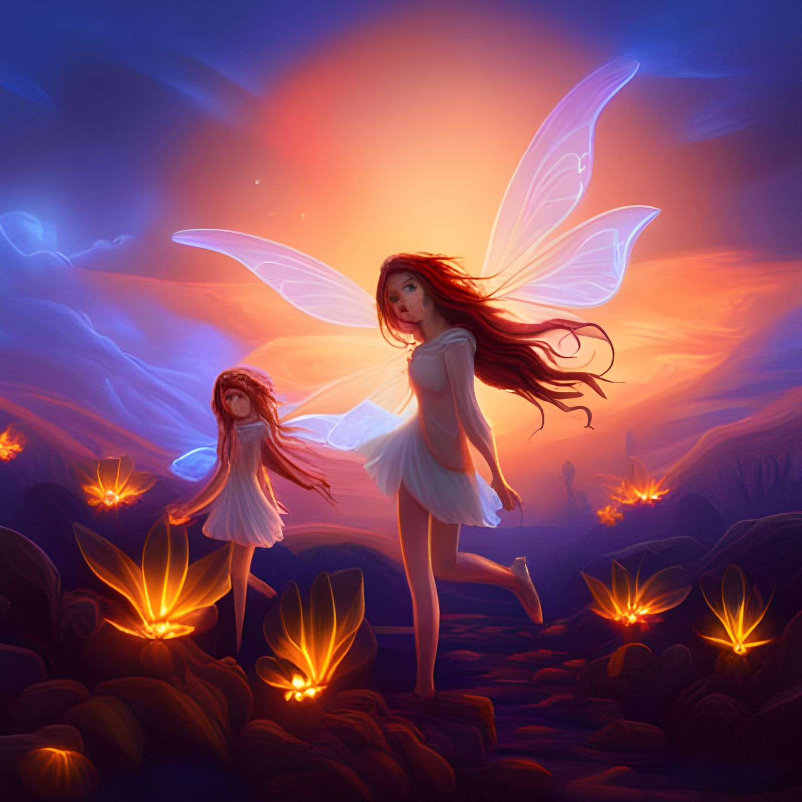 Fairies in Steampunk Fantasy Town with Neon Glow