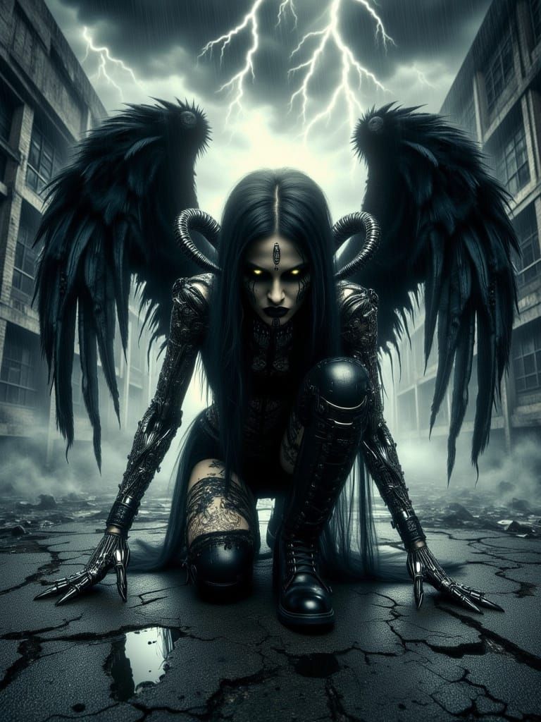 Dark Angel in Desolate Cyberpunk Landscape