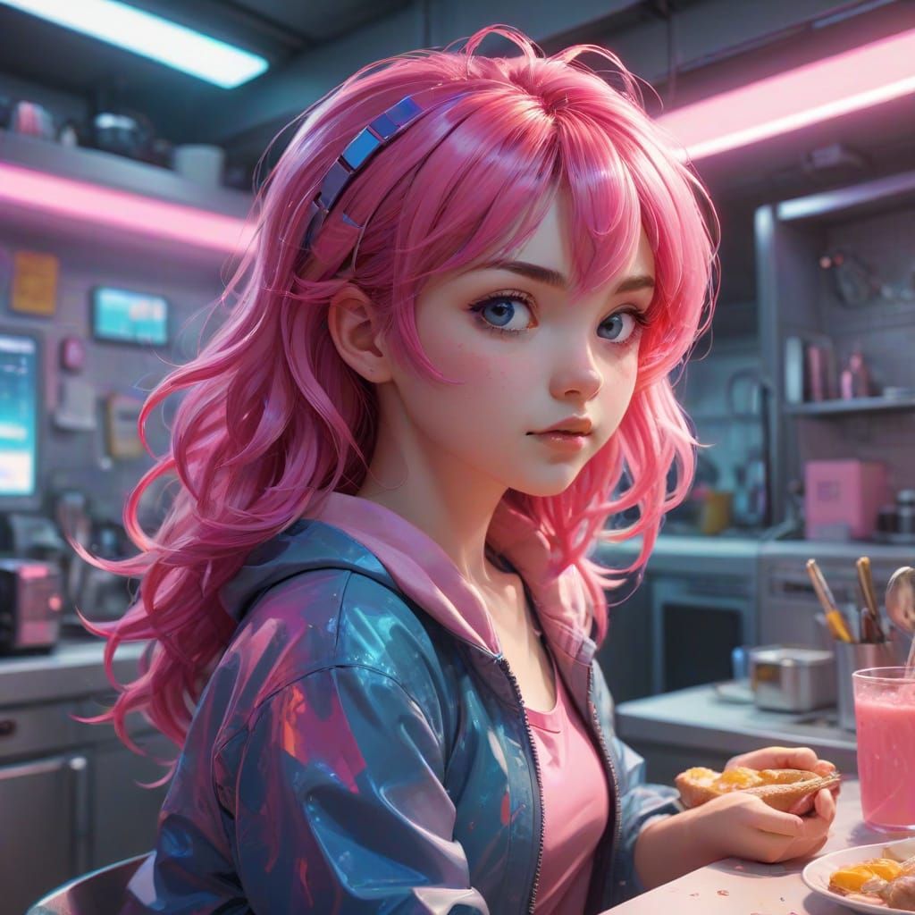 Manga-Inspired Girl in Futuristic City Kitchen