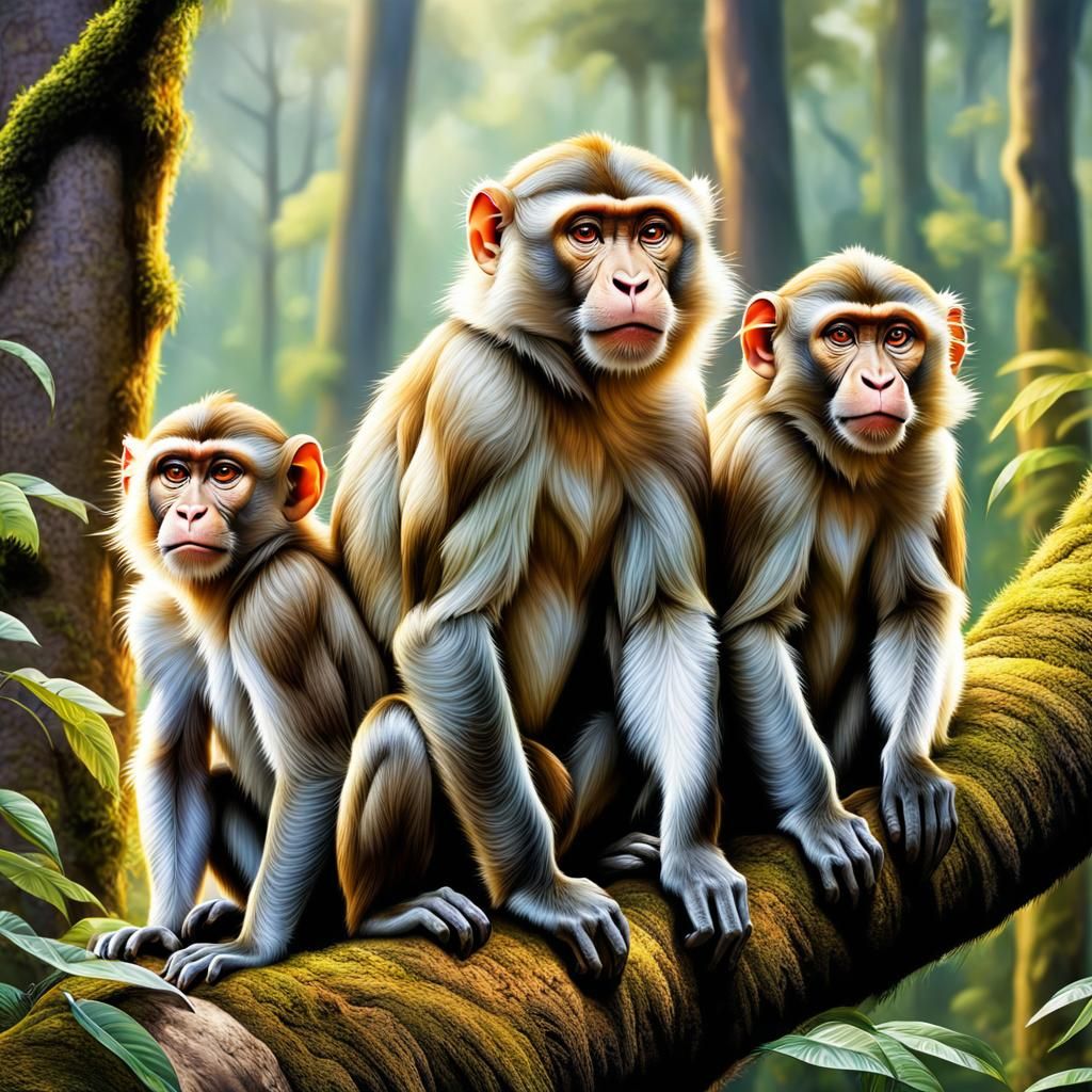 Macaque Family Portrait in Forest Setting