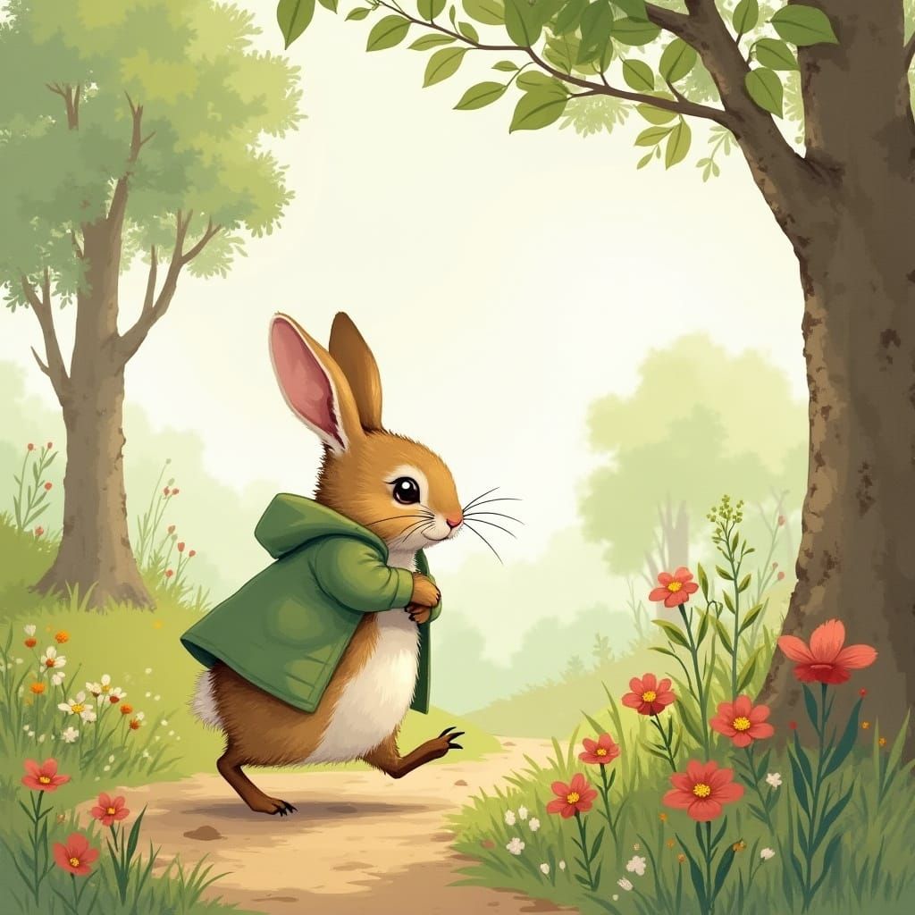 Whimsical Grey Rabbit Walks in a Vibrant Green Landscape