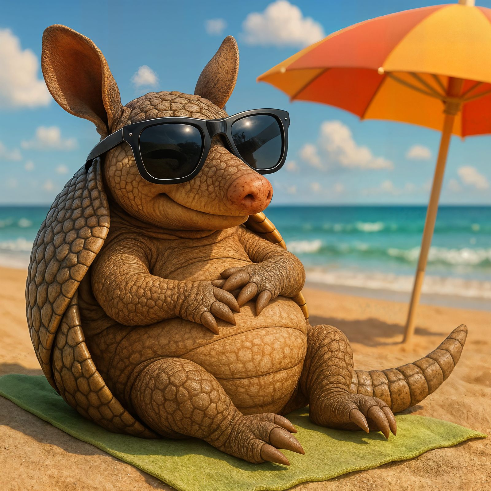 Relaxing Armadillo in Sunglasses on Beach CGI