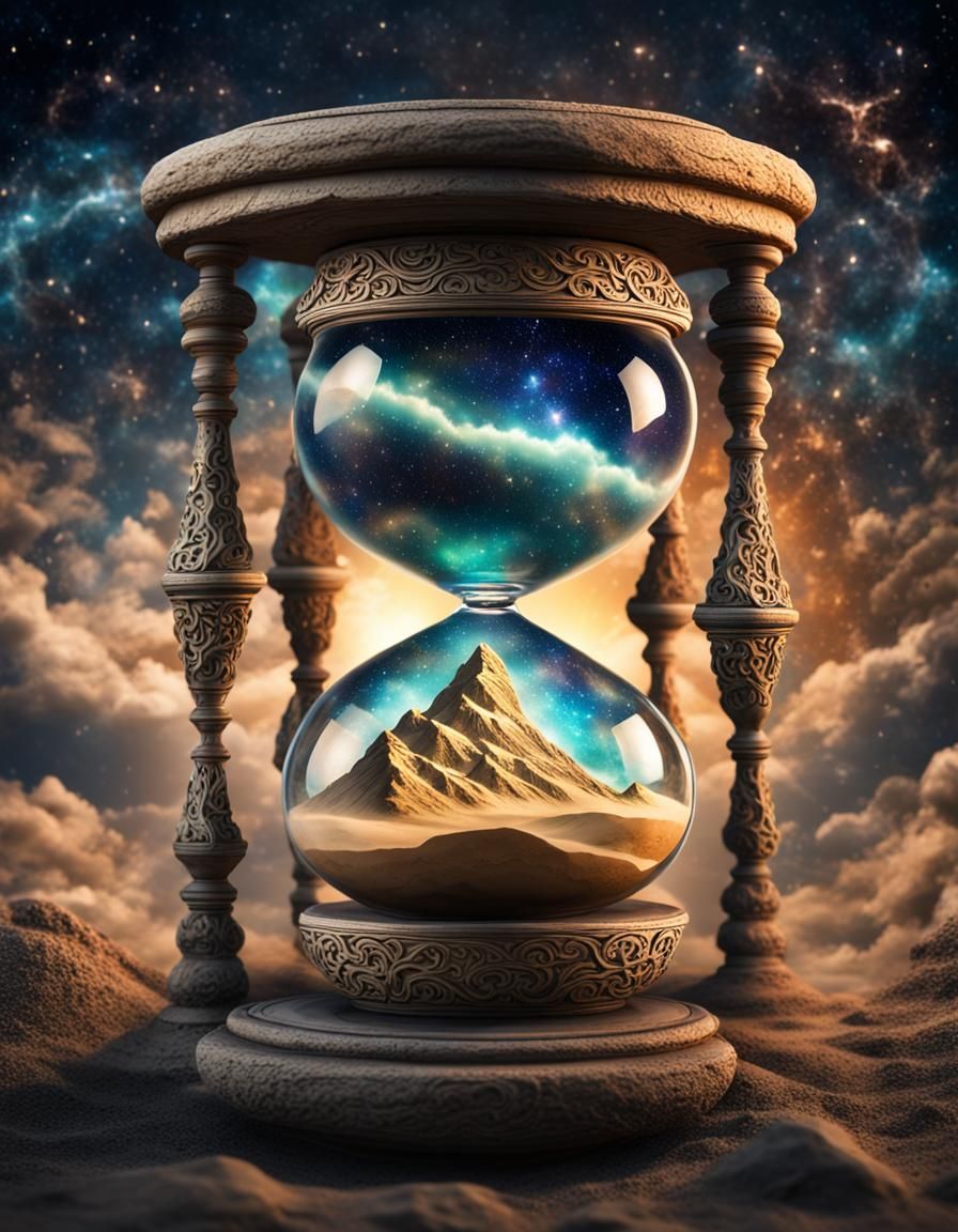 Astral Hourglass Suspended in Space with Cosmic Lightning