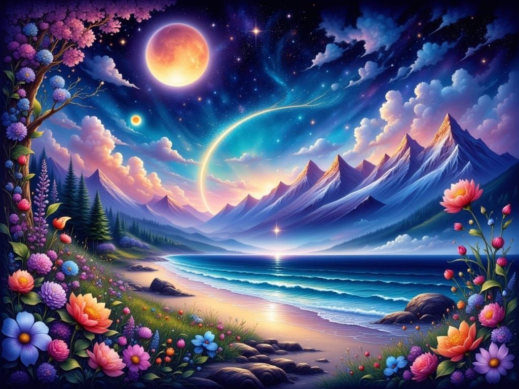 Surreal Dreamscape with Glowing Crescent Moon and Majestic M...