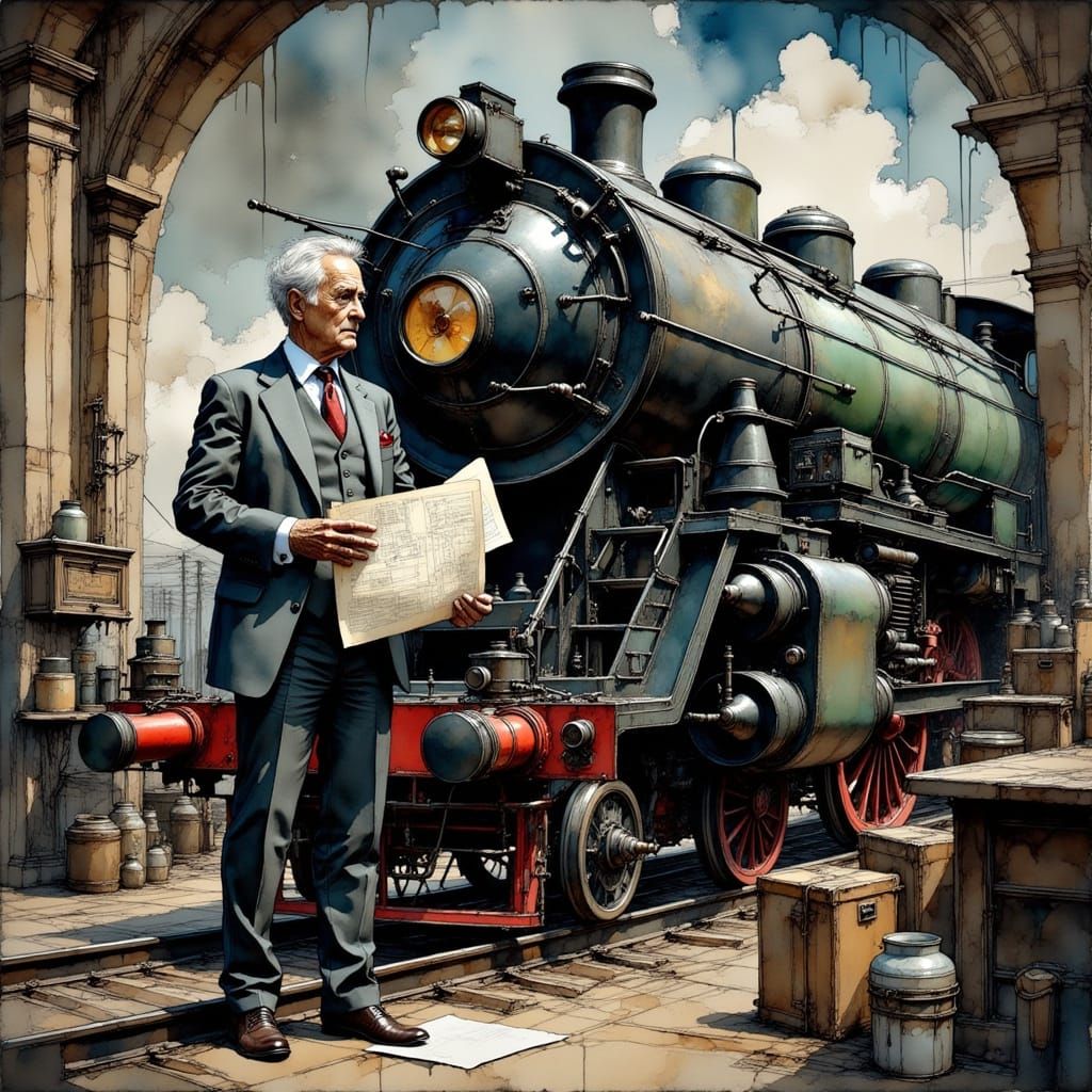 Industrial Designer and Locomotive in Futuristic Style
