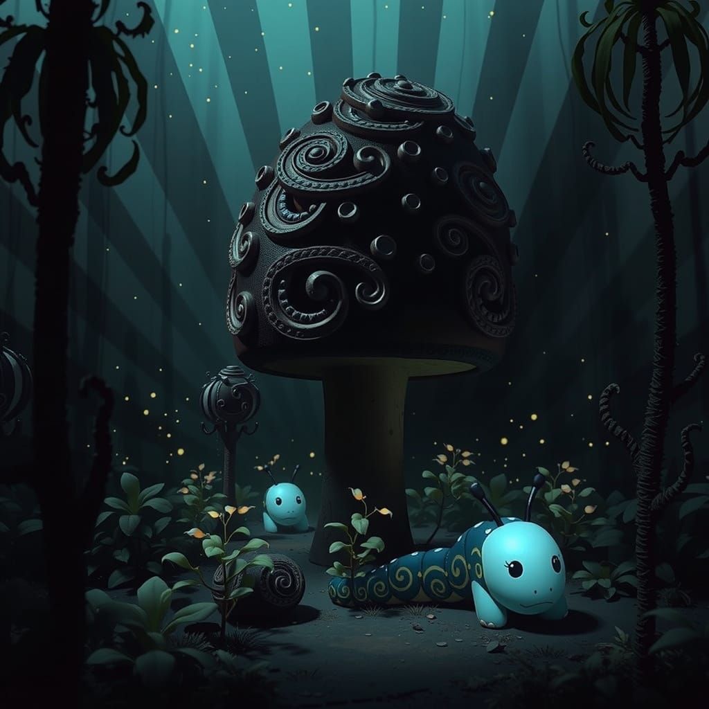 Whimsical Kawaii Chibi Caterpillar Under a Vibrant Mushroom