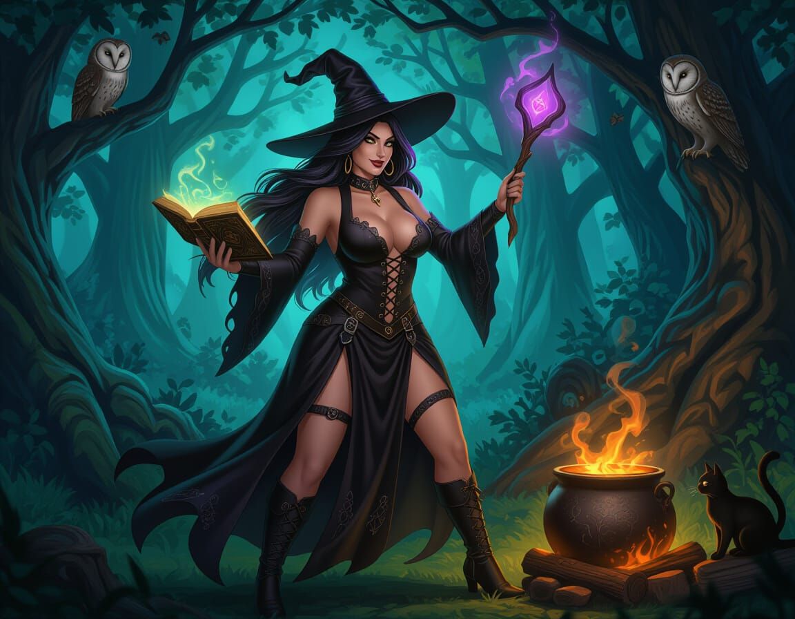 Enchanting Witch Casting Spell in Mystical Forest