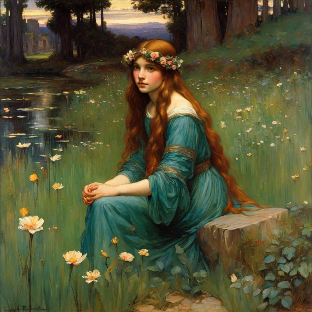 Luminous Innocence in Fairytale Field, Waterhouse Style