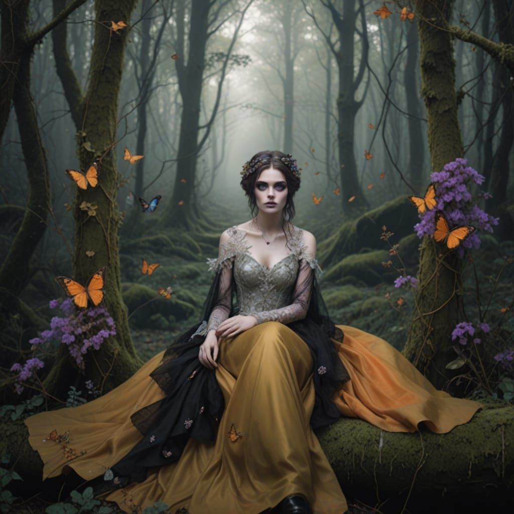 Gothic Teen Goddess in Forest Ruins