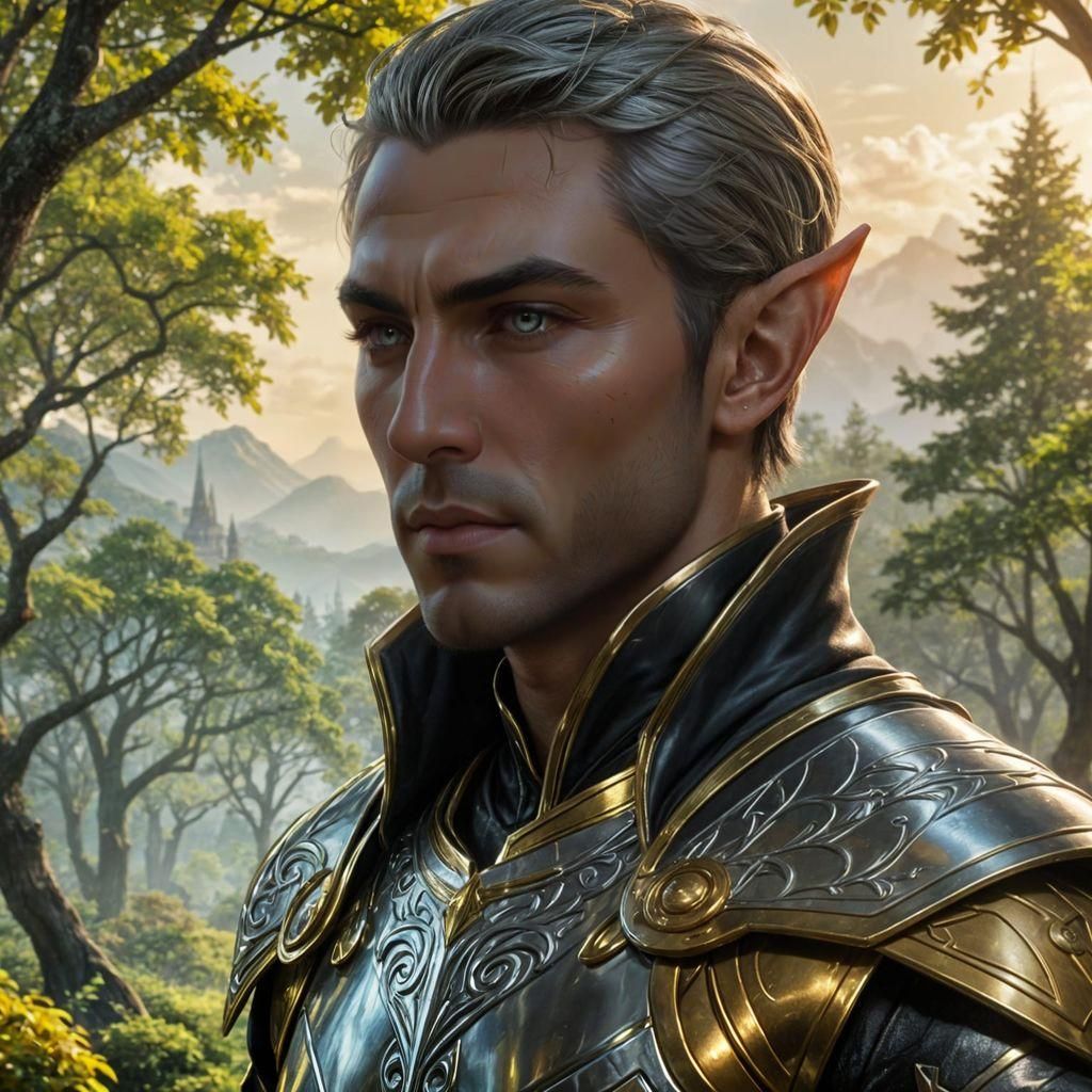 Epic Elf Warrior in Silver Armor, Hyperdetailed Portrait