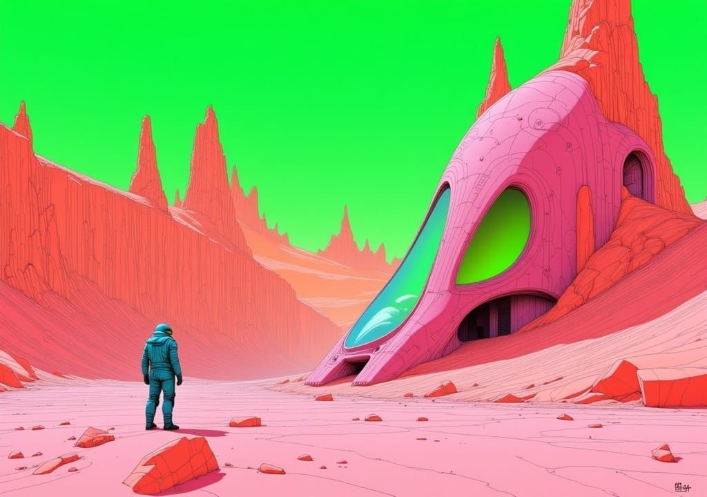 Cryptid Pilot on Alien Planet in Moebius Style