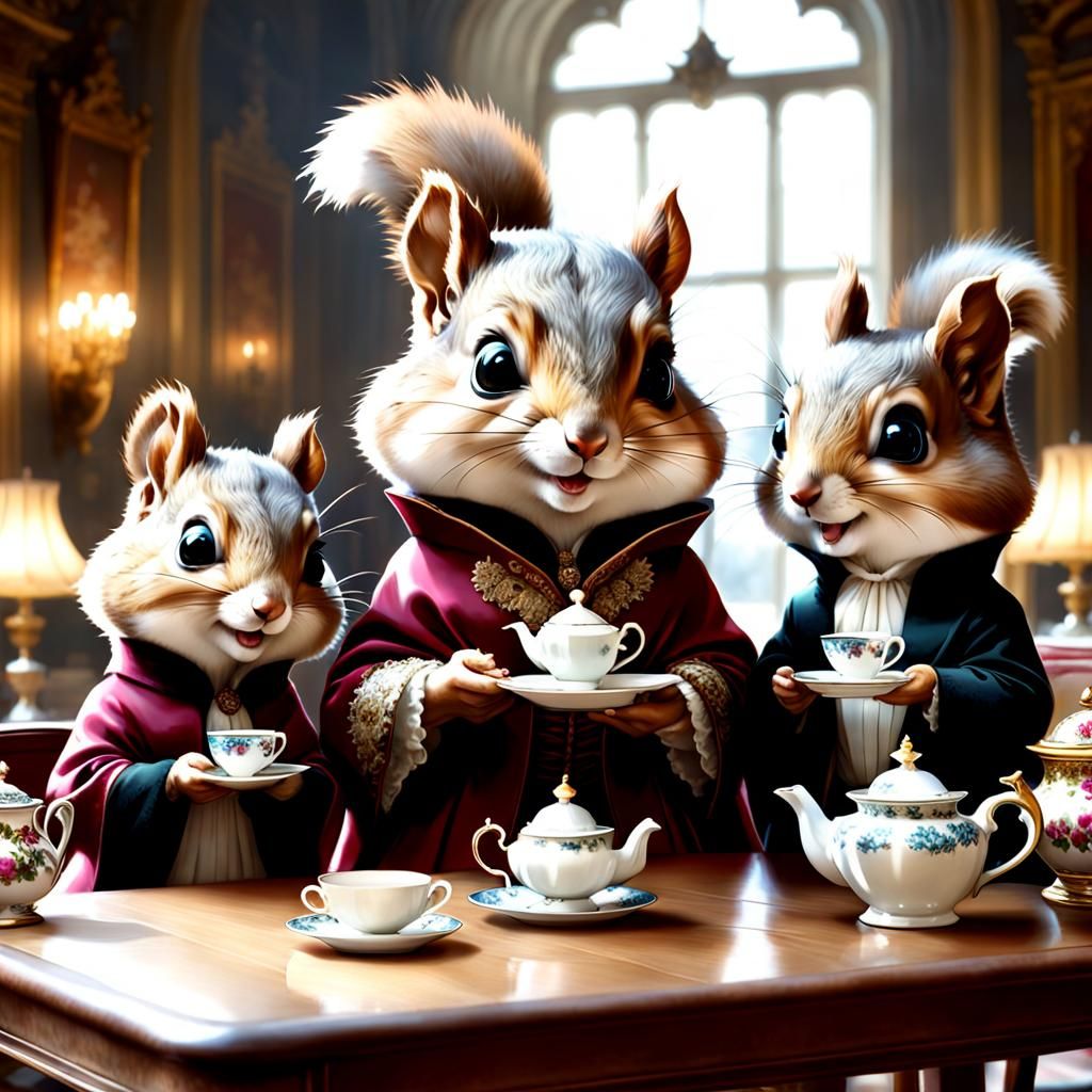 Anthropomorphic Squirrels' Tea Party, Detailed 3D Render