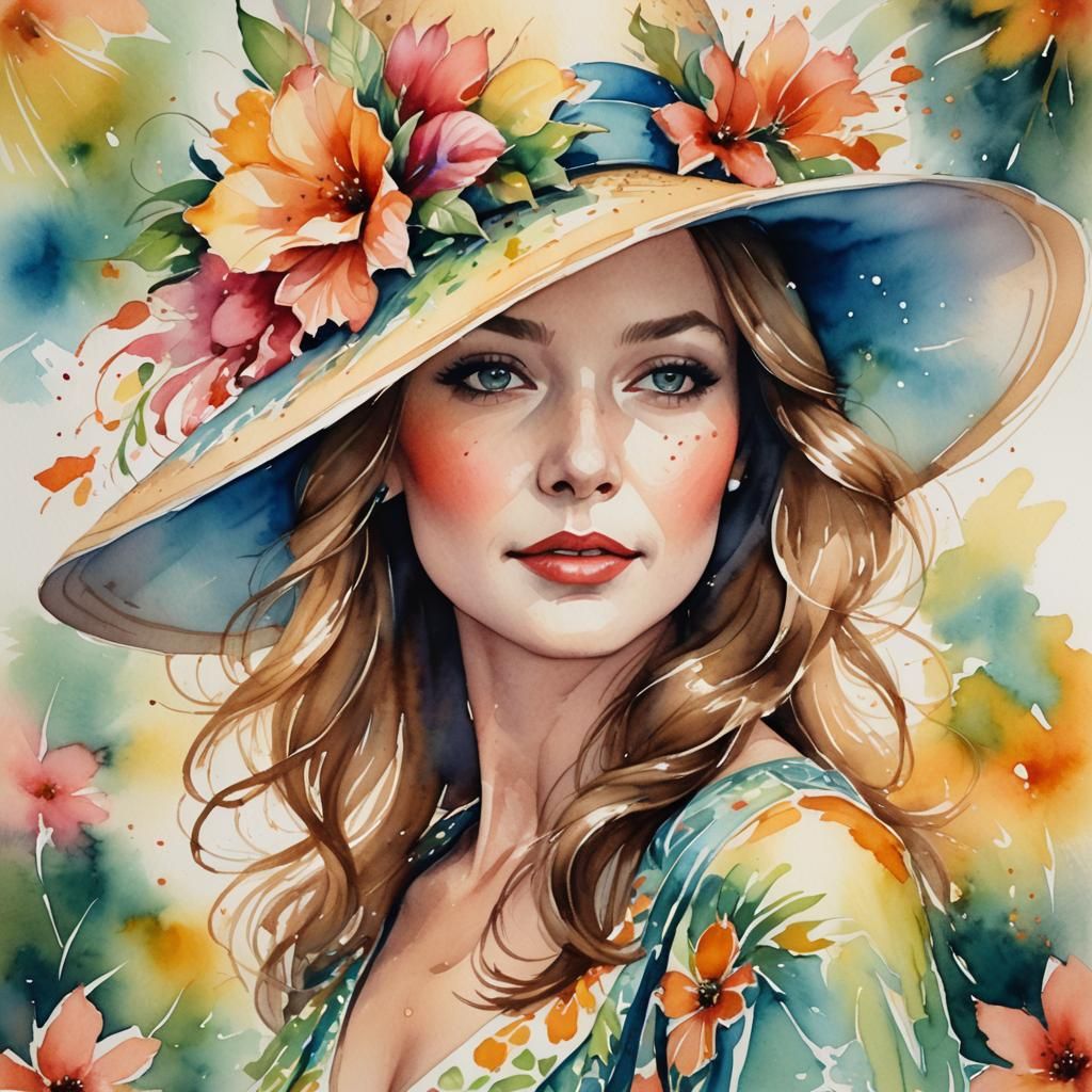 Lady in Extravagant Kentucky Derby Hat, Watercolor Style