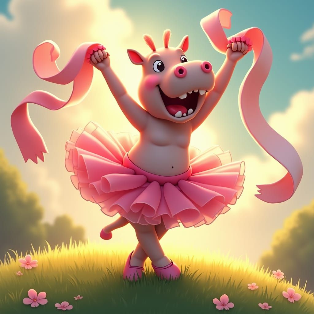 Joyful Hippo Ballerina Dances in Anime Style