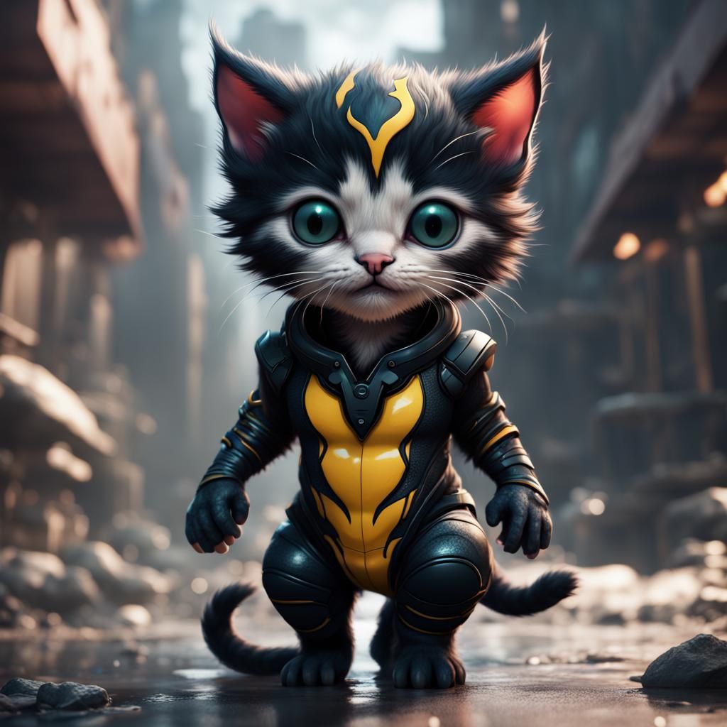 Kitten in Venom Jumpsuit: Detailed Matte Painting