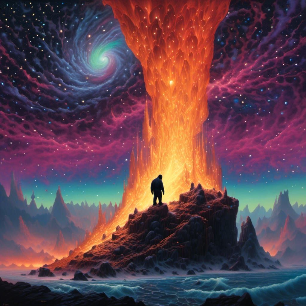 Bioluminescent Cosmic Portal with Fiery Debris and Bear