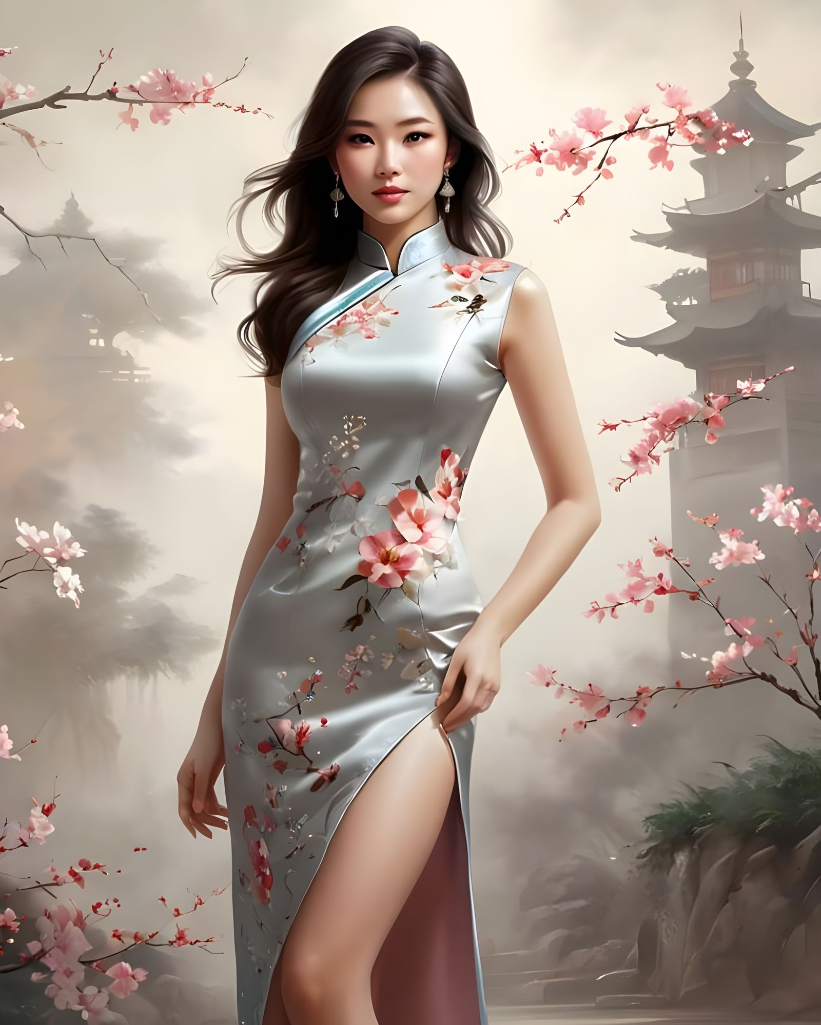 Elegant Woman in Cheongsam, Enigmatic Smile