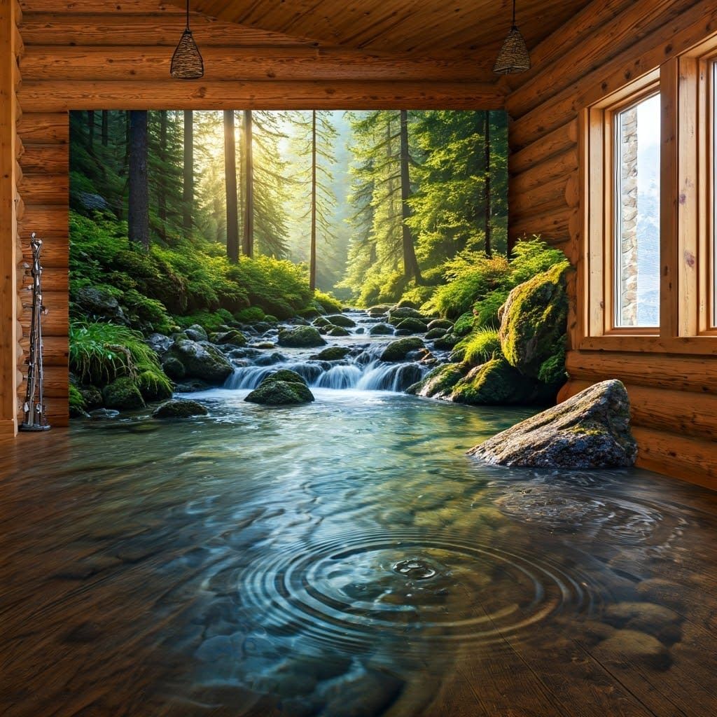 Rustic Living Room Transports You to a Serene Mountain Strea...