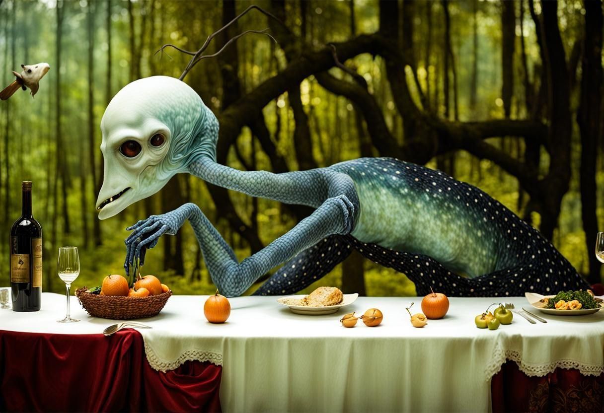 Surreal Restaurant Scene with Beautiful Extraterrestrial Ali...