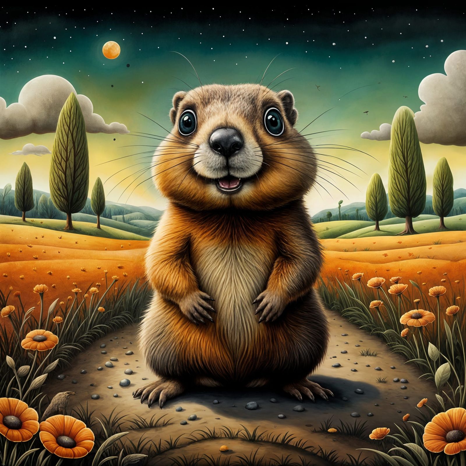 Cute Groundhog in Surrealist Field, Digital Art