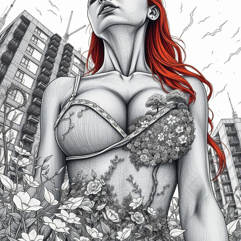Redhead Pin-Up Portrait in Detailed Linear Style