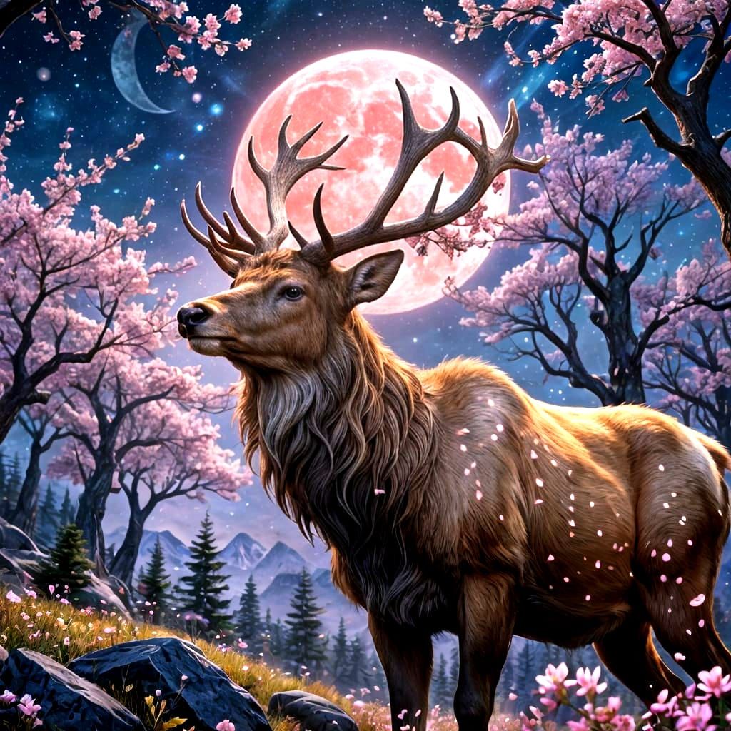 Elk with Cherry Blossom Antlers in Enchanted Forest