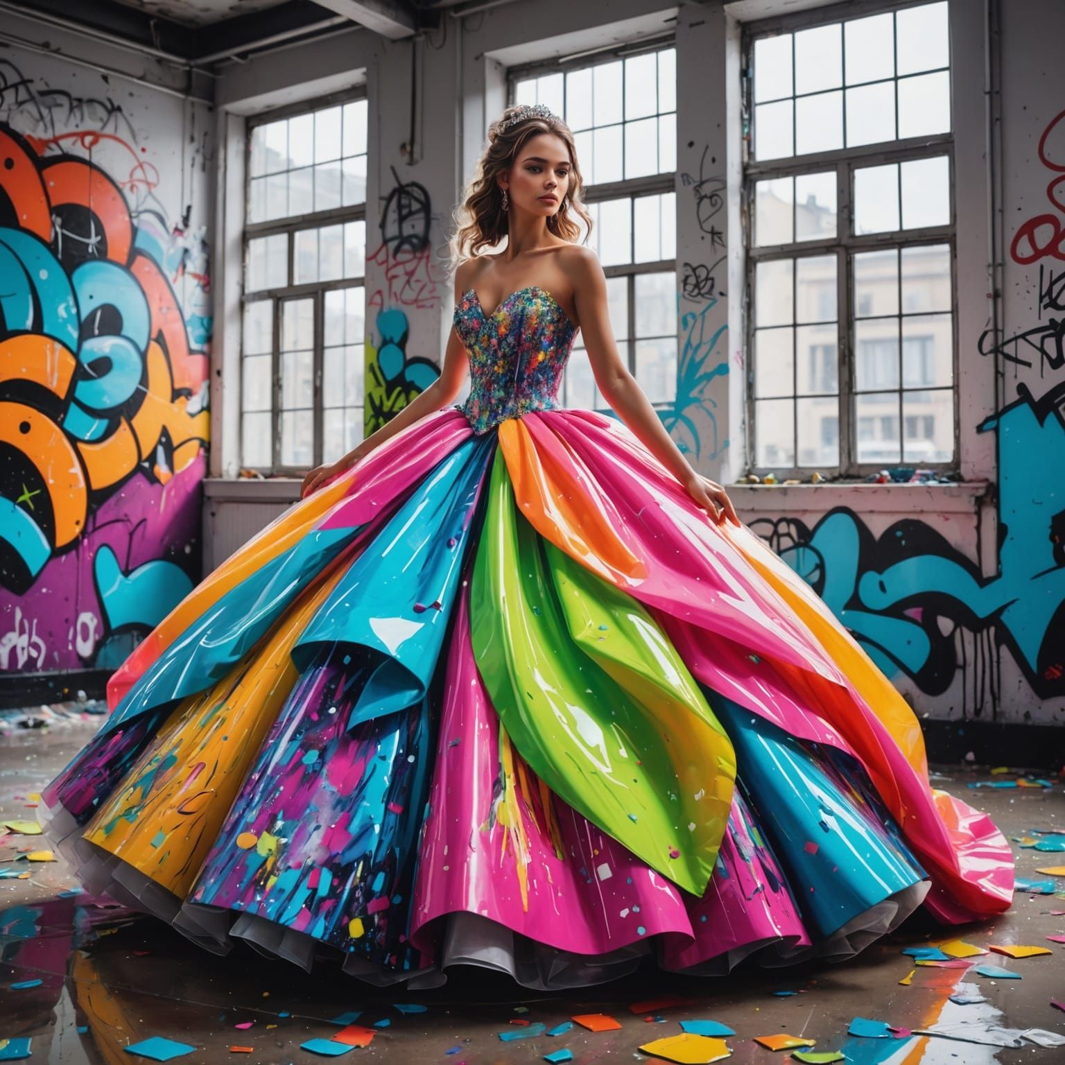 Girl in Ball Gown in Fluorescent Graffiti Art