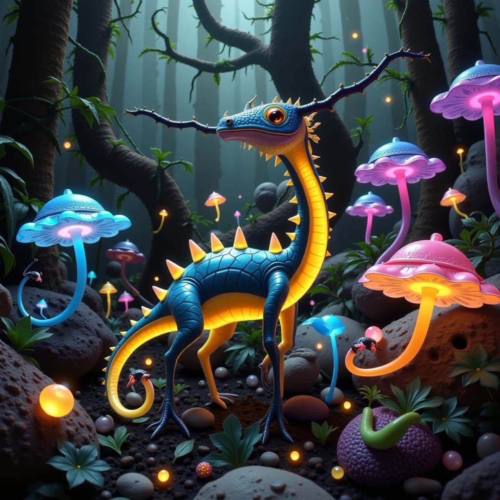 Lush Biome with Iridescent Creatures and Glowing Treasures