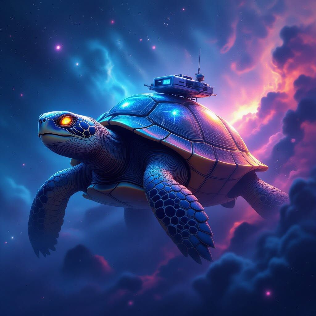 Ancient Crystal Turtle Navigates Cosmic Nebula