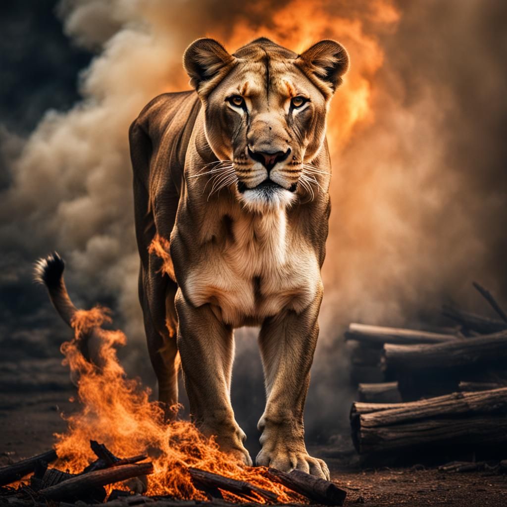 Hyperrealistic Lioness Behind Fire in Cinematic Style