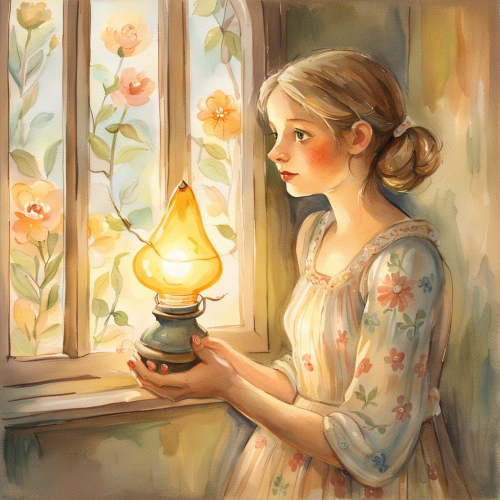 Enchanting Pixie with Lamp: Ethereal Watercolor Folk Art