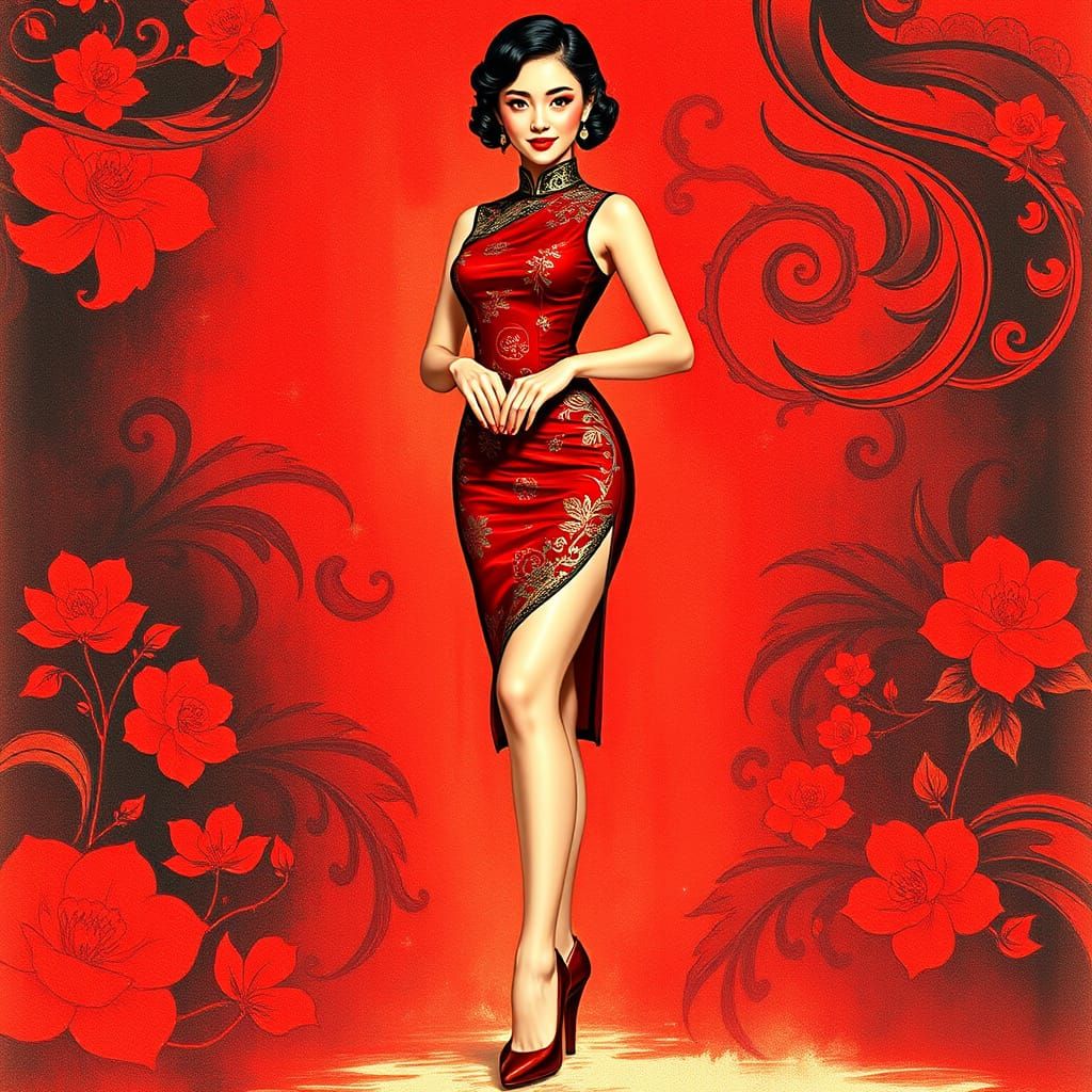 Elegant Pin-Up Beauty in Red and Gold