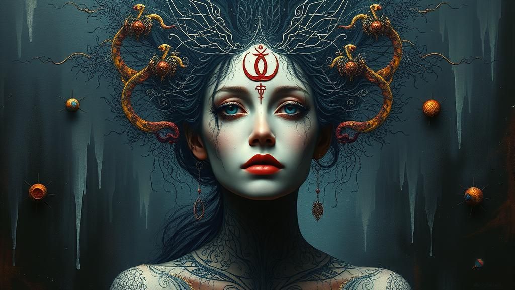 Mysterious Woman with Ancient Symbol in Surreal Oil Painting