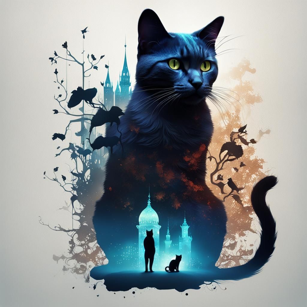 double exposure: silhouette of a cat with a mouse inside