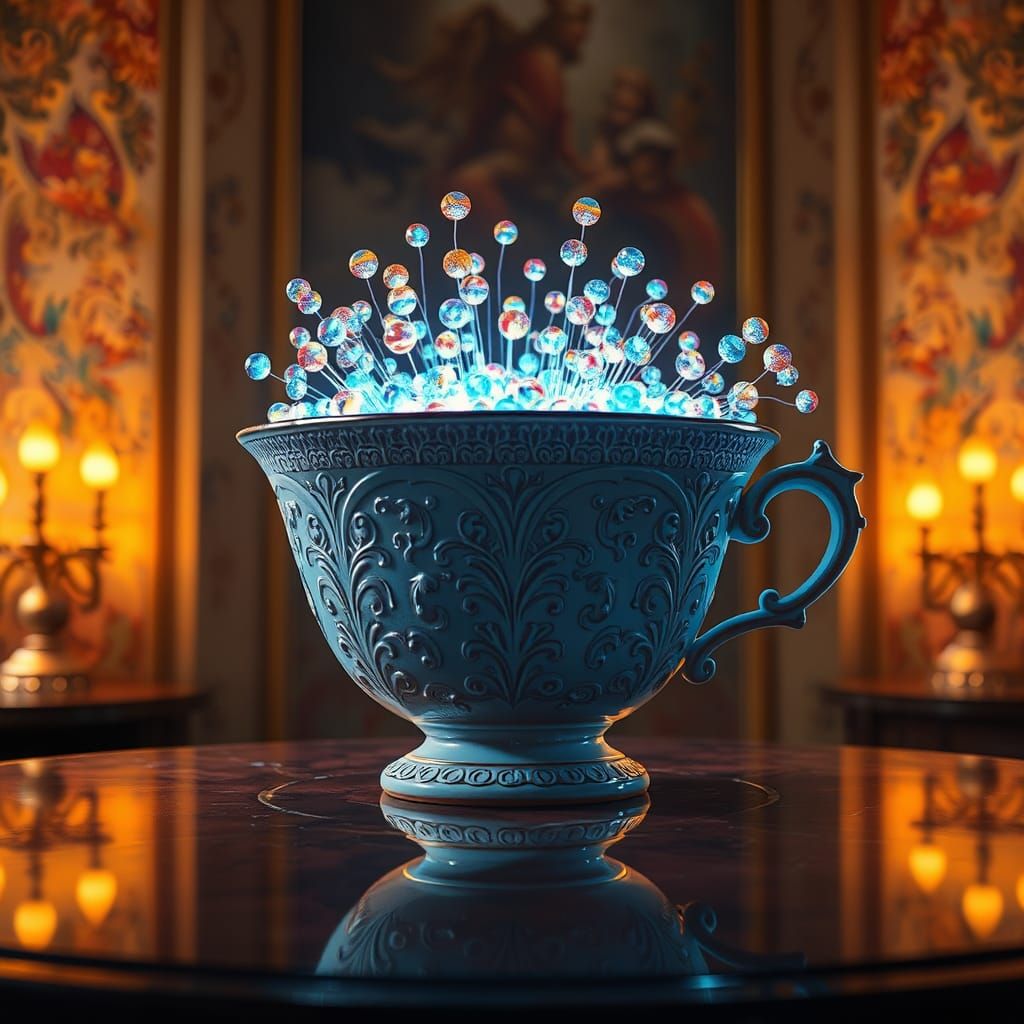 Ornate Cup Lamp with Glowing Orbs in Hyperrealistic Style