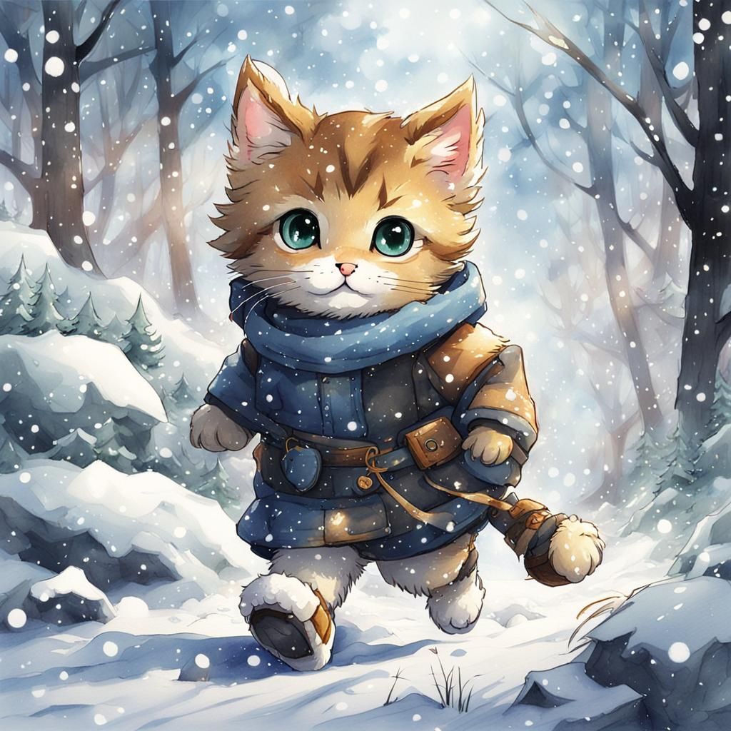 Kitten Walks in Snowy Forest: Anime-Inspired Art