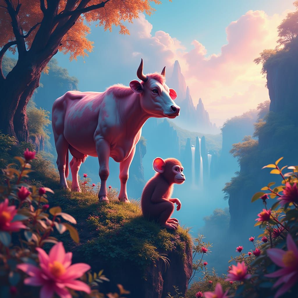 Cow and Monkey Amidst Ethereal Paradise