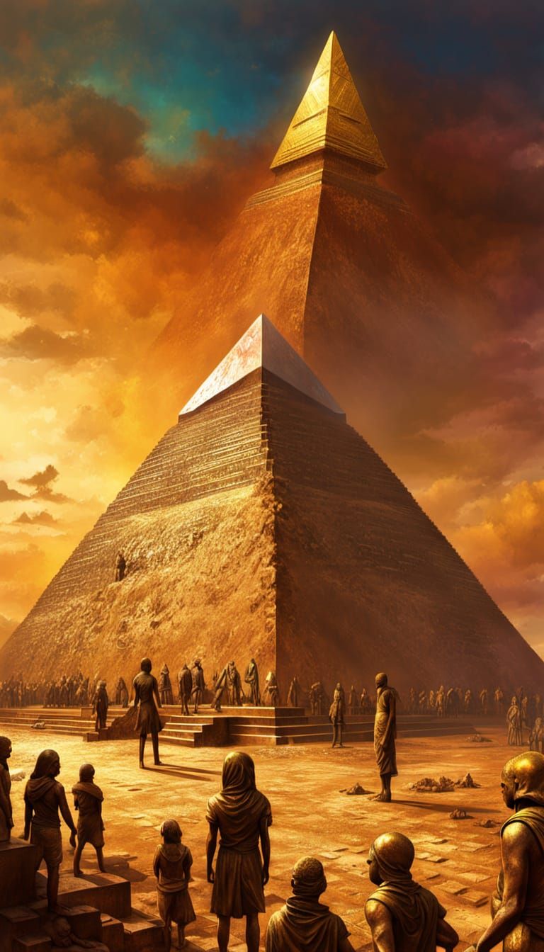 Golden Pyramid Held by Iron Statues: Hyperrealistic Art