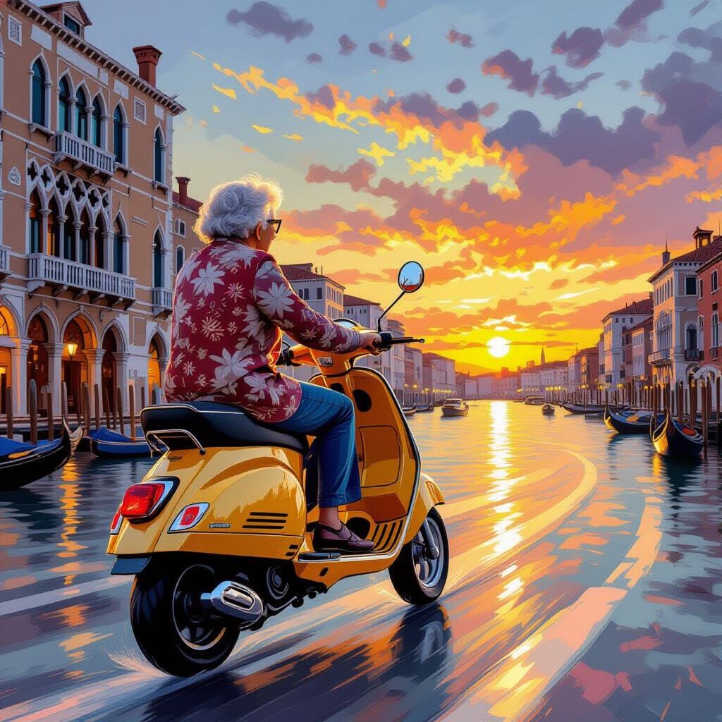 Happy Old Lady Rides Scooter in Venice at Sunset