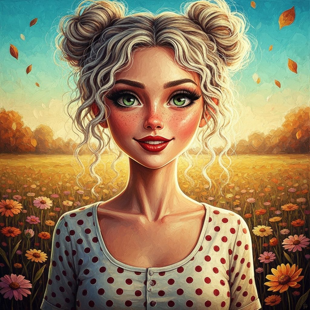 Young Woman in Polkadot Outfit Amidst Autumn Flowers