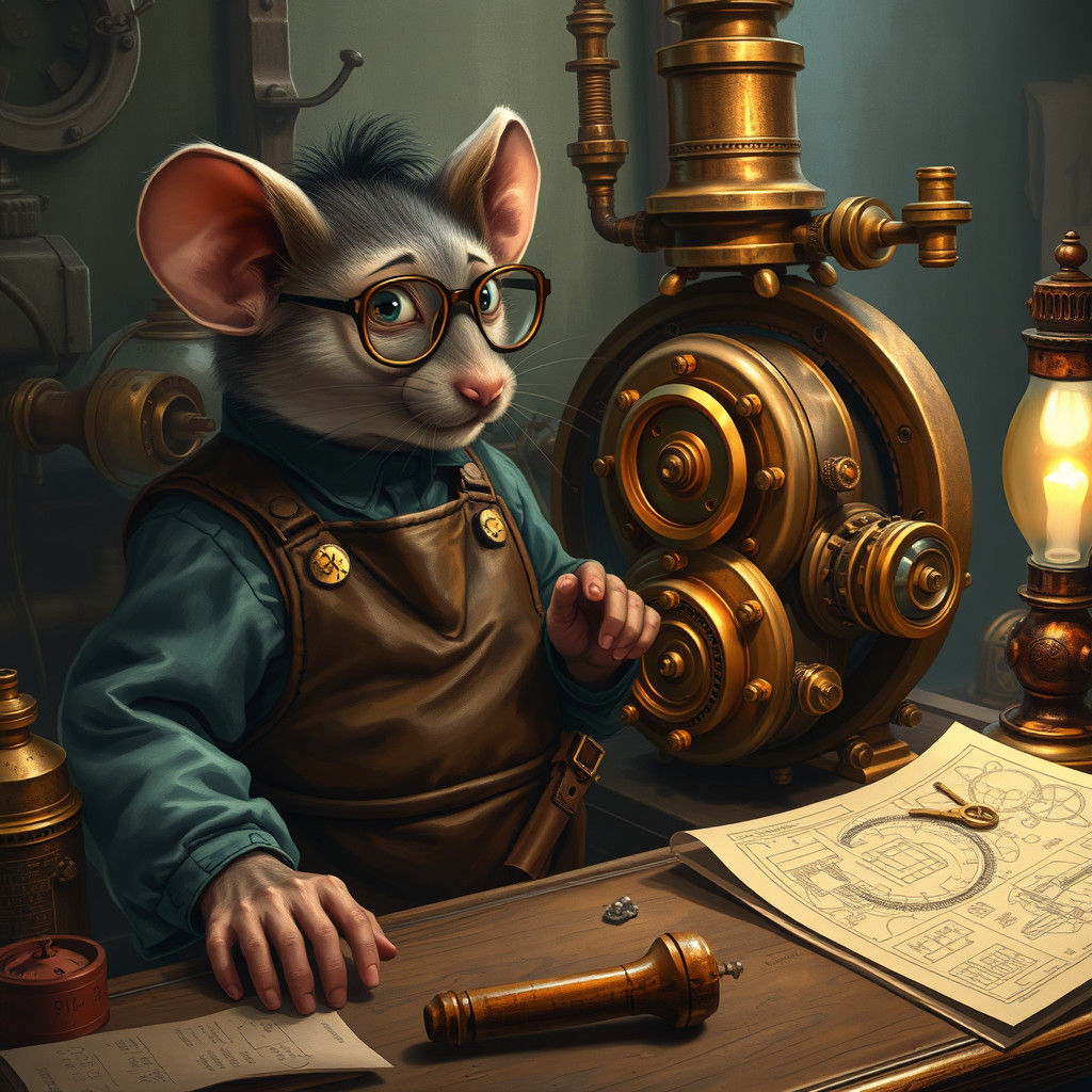 Steampunk Mouse Repairman Tinkers with Engine