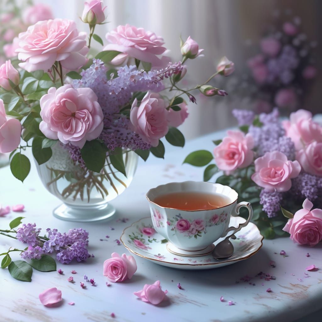 Whimsical Spring Still Life in Thomas Kinkade Style