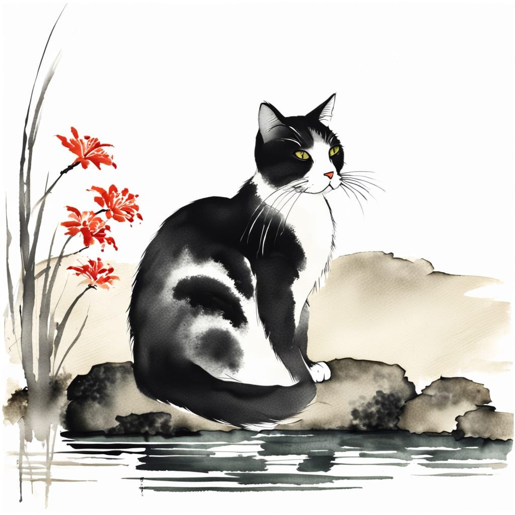 cat sitting beside a pond