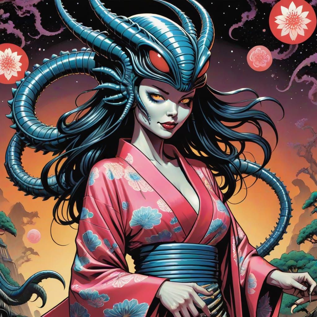 Gigeresque Xenomorph Goddess in Vibrant Comic Book Art