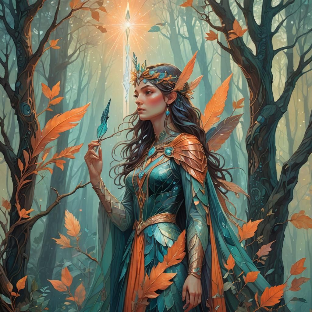 Woman Bird with Arrow in Art Nouveau Oil Painting