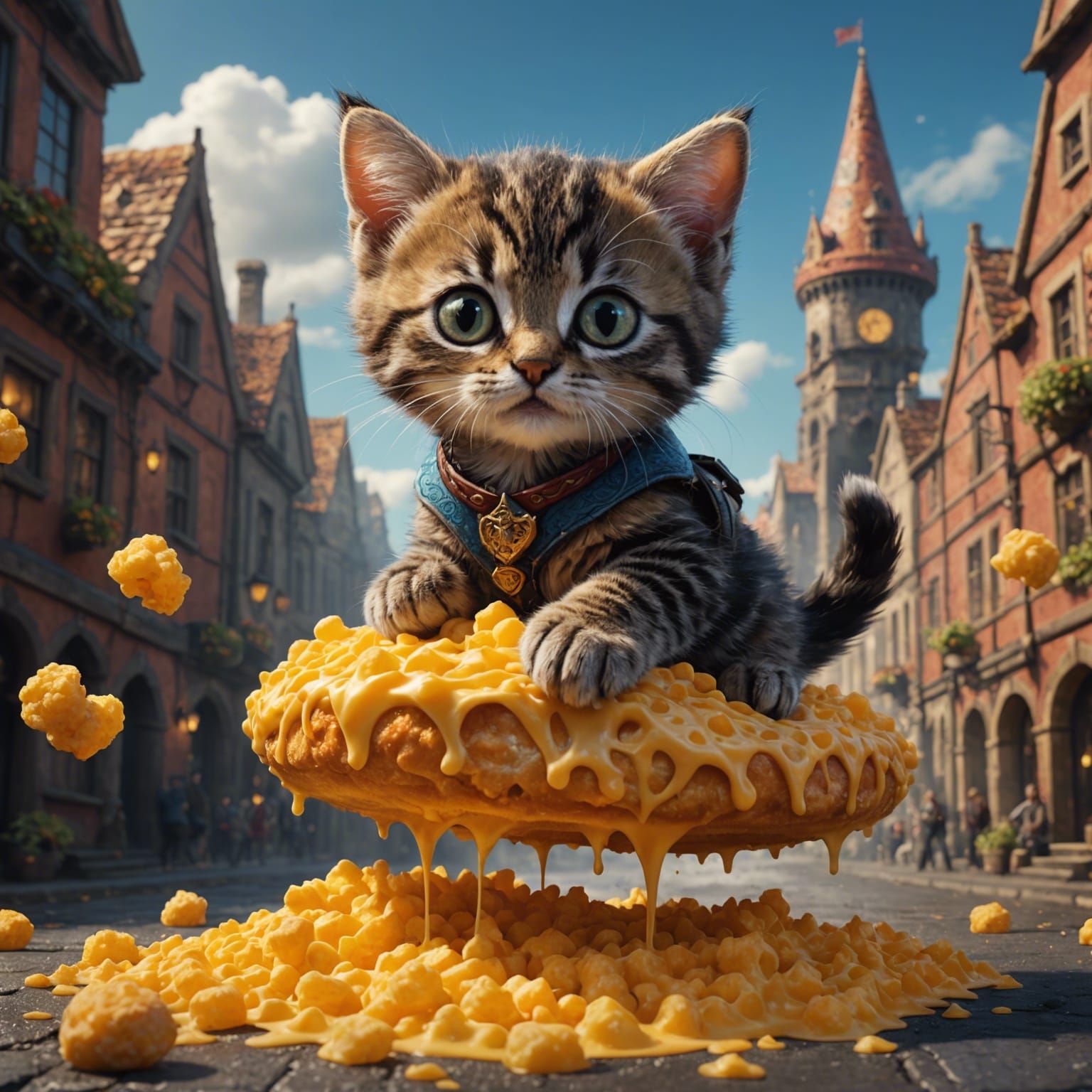 Kitten Rides Cheese Puff: Fantasy Concept Art
