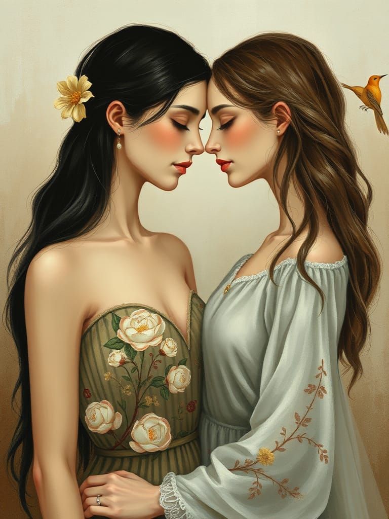 Two Women in Intimate Embrace, Klimt-Inspired Artwork