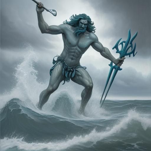 Poseidon Rising from the Stormy Ocean: Oil Painting